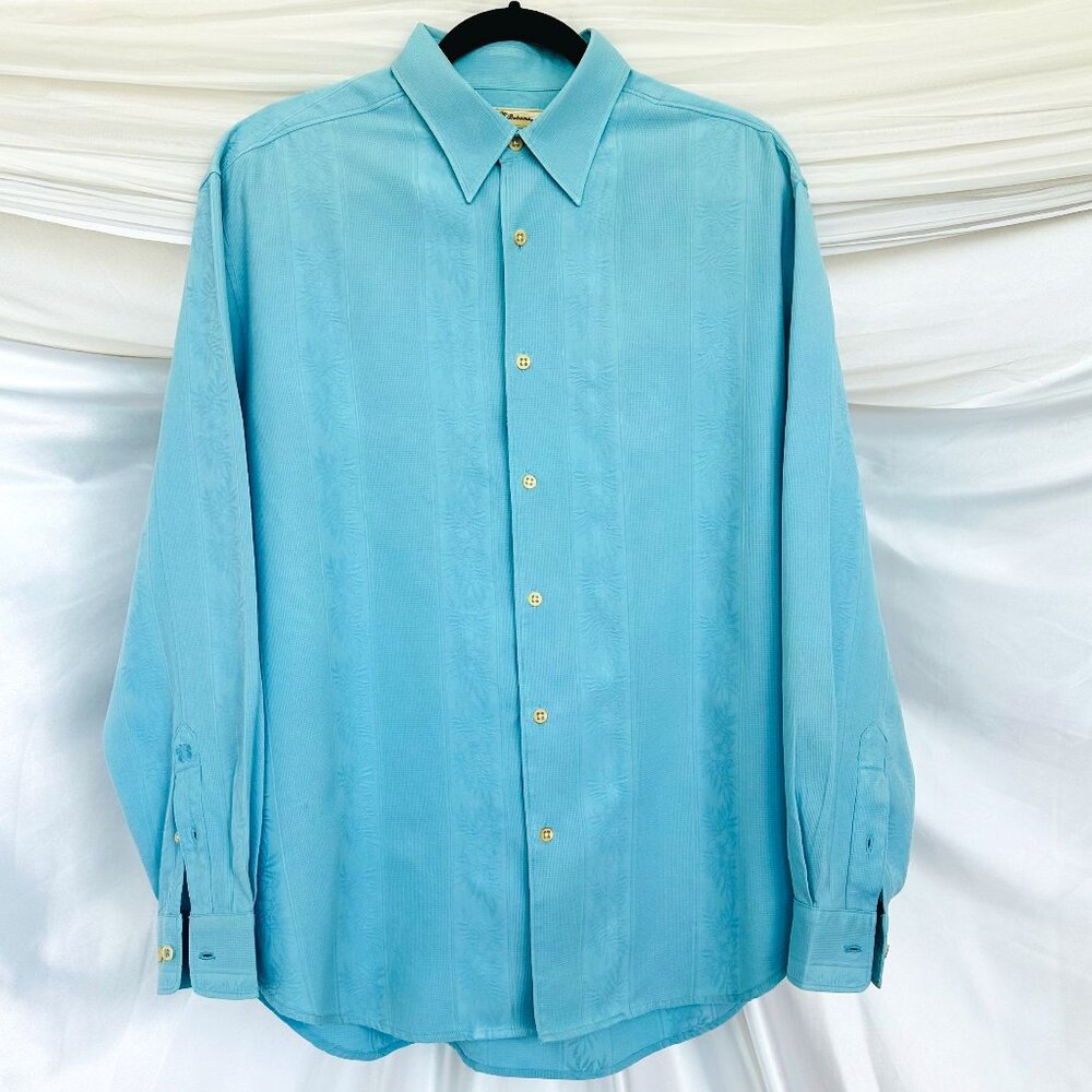 Tommy Bahama Blue Subtle Floral Striped Brocade Men's Dress Shirt | Size M